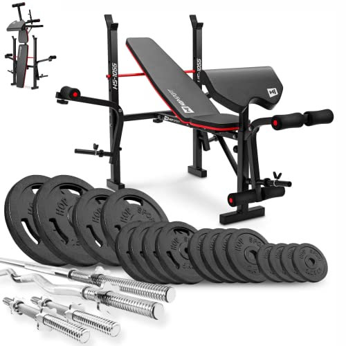 Hop-Sport klappbare Hantelbank HS-1055 mit Curlpult, Butterfly und Beincurler - Guss Gewichte 39 kg - 146 kg - Langhantel, SZ-Stange & Kurzhanteln (106 kg)