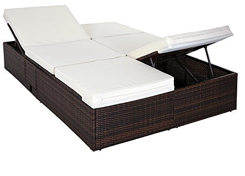 Casaria® Sonnenliege 2 Personen mit Klapptisch 7cm Auflagen Wetterfest Gartenliege 400kg Belastbar Liegestuhl Verstellbar Braun Creme 196x116cm