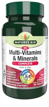 Natures Aid Multivitamins & Minerals – One-a-Day High Potency Daily Multi-Vitamin Supplement inc. B12 & Zinc – Supports Energy, Bones, Immunity, Hair, Nails – Vegan, Non-GMO, Gluten-Free – 90 Tablets