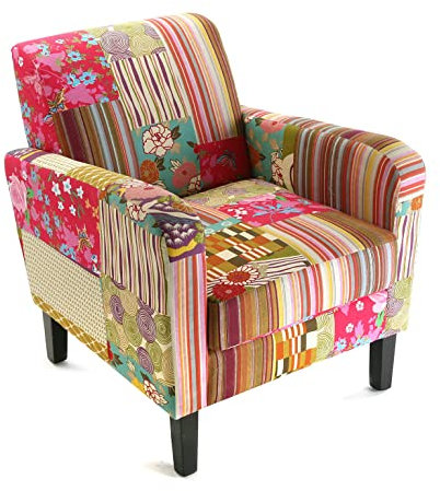 Versa Pink Patchwork Sessel für Wohnzimmer, Schlafzimmer oder Esszimmer, bequemer und Anderer Sessel, mit Armlehnen, Maßnahmen (H x L x B) 71 x 77 x 65 cm, Baumwolle und Holz, Farbe: Rosa