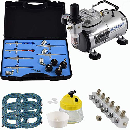 Agora-Tec® Airbrush Komplett-Set EXPERT XXIII.1, Komplettsystem für Airbrushanwendungen, inkl. Kompressor mit 4 bar und 20l/min + 6 Airbrushpistolen mit 4 versch. Nadeln/Düsen + regelbaren 6-fach Luftverteiler + Clean Pot + 6 Schläuche