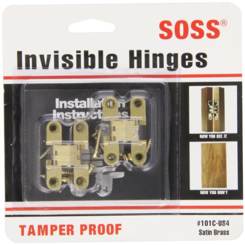 SOSS - 101CUS4 Mortise Mount Invisible Hinges with 4 Holes, Zinc, Satin Brass Finish, 1-11/16 Leaf Height, 3/8 Leaf Width, 29/64 Leaf Thickness, 5 x 3/4 Screw Size (1 Pair)