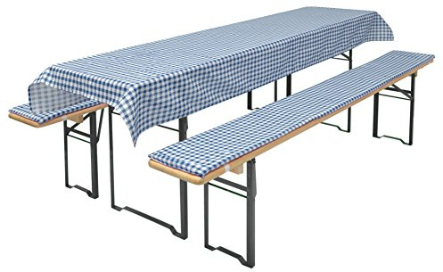 Brandsseller Set Birreria 3 Pezzi – 2 Cuscini Imbottiti per Panche 220x25 cm e 1 Tovaglia 240x70 cm – Ideale per Sagre, Giardino, Feste all’Aperto – Blu a Quadri
