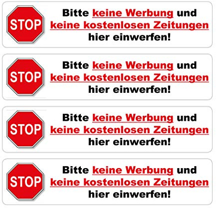 4 St. Aufkleber - Bitte keine Werbung und keine kostenlosen Zeitungen... 140 x 30 mm (weiß)