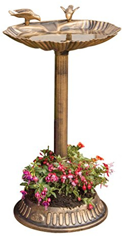 GardenKraft Bird Bath with Built-In Planter, Bronze Effect Clam Shell Garden Ornament, Weatherproof Outdoor Bird Bath, 66 x 39 cm