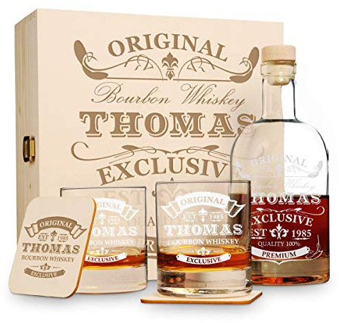 polar-effekt Set regalo da 6 pezzi in scatola di legno con incisione – 2 bicchieri da whisky, 2 sottobicchieri e caraffa da whisky in confezione regalo – idea regalo personalizzata – motivo esclusivo