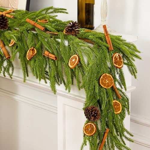 Norfolk Pine Garland for Decoration Christmas,Realistic Pine Tree Garland with Natural Dried Orange Slices, Cinnamon, For Christmas Mantle Stair Indoor Outdoor Decor