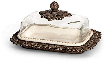 Cream Ceramic Butter Dish with Metal Work in Acanthus Leaf Design