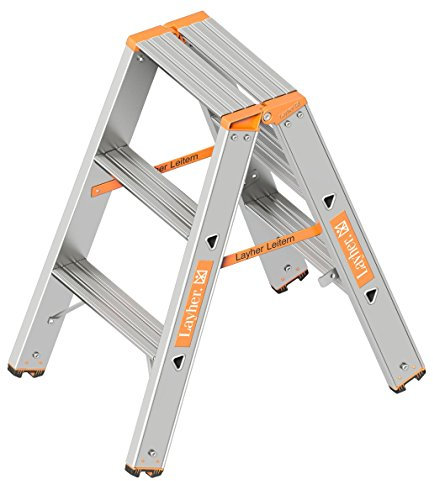 Layher 1043003 Stufenstehleiter Topic, Aluminiumleiter 2x3 Stufen 80 mm Breit, beidseitig begehbar, klappbar, Länge 0.75 m