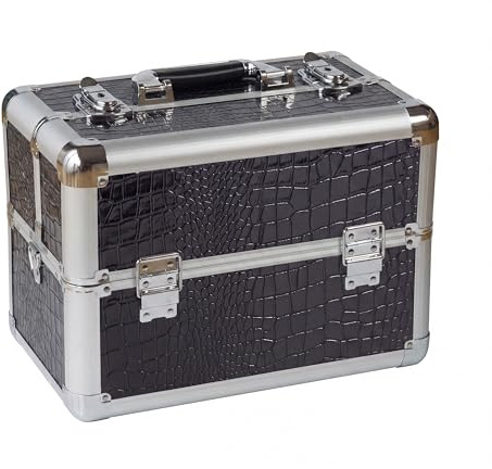 NAILS FACTORY Kosmetikkoffer klein Schwarz Croco | Beautycase 36x22x27 cm abschließbar | Schminkkoffer leer mit 2 Etagen & 4 Fächern | Alu/ABS Hartschale für Make-up, Nageldesign, Friseur & Tattoo
