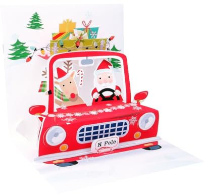 Pop Up 3D Weihnachten Karte PopShot Weihnachtsmann im Shopping Auto 13x13 cm
