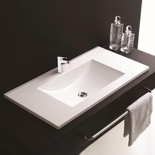 750mm Inset Bathroom Basin Ceramic White Sink, Modern Cloakroom Basin Sinks with Single Tap Hole Overflow Wash Basin Bowl, Cabinet Mounted Basins Countertop Basin Vessel Sink