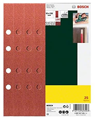 Bosch Home and Garden 25-teiliges Schleifblatt-Set für Schwingschleifer, 93 x 230 mm, 8 Löcher, Körnung 180, 2607017101