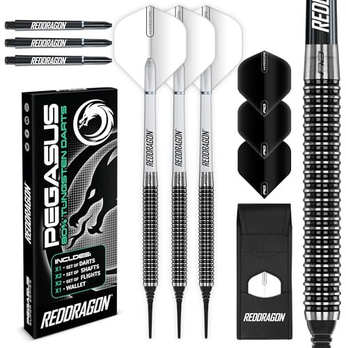 RED DRAGON Pegasus Tungsten Soft Dartpfeile - 20 Gramm: Weiße Schäfte, Weiße Flüge und Darttasche