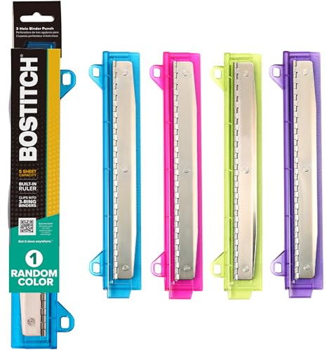 Bostitch Office Ring Binder 3 Hole Punch, 5 Sheets, Includes One Punch in Assorted Colors (RBHP-4C)