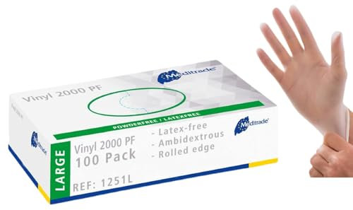 Examination Gloves - Medium, Powderless, Hypoallergenic, Heavy Duty, Latex Free, Long Cuff, Ambidextrous, Disposable, for Any Sector, Bulk Buy (Clear) (Large) - Meditrade Vinyl 2000 PF