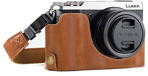 MegaGear MG974 Ever Ready Leder Kamera Halbtasche mit Trageriemen und Batteriezugang für Panasonic Lumix DMC-GX85, GX80 Hellbraun