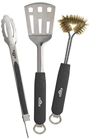 Napoleon 3 Piece Stainless Steel BBQ Toolset 70024 Sturdy Stainless Steel Spatula, Tongs, Brass BBQ Cleaning Brush, Heat Resistant Handles, Bottle Opener, Tool Hanger, Dishwasher Safe