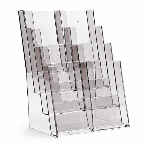 TAYMAR Tisch-Prospektständer, Prospektaufsteller im DIN A4 Format (4 Fächer) auf 4 Etagen inkl. Fach-Teilern für eine optionale Umrüstung auf DIN Lang (DL) - trifold mit 8 Fächern – Transparent