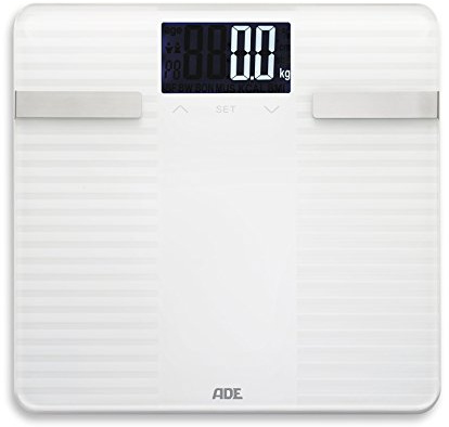 ADE Körperanalysewaage BA 1500 Linda. Digitale Waage mit Analyse von Körperfett, Körperwasser, Muskelmasse und Ermittlung Kalorienbedarf. Rutschhemmende Oberfläche, LCD Display. Personenwaage weiß