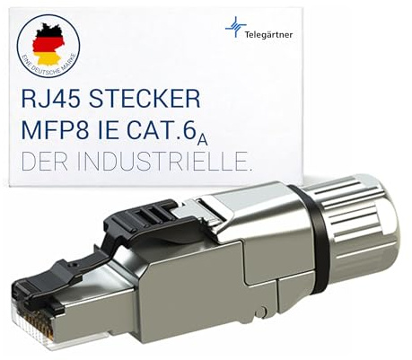 Telegärtner MFP8 IE RJ45 Netzwerkstecker T568A | Werkzeuglose Montage in 60s, robuster geschirmter Metallstecker für Industrieanwendungen, Cat.6A, 10Gbit/s, PoE