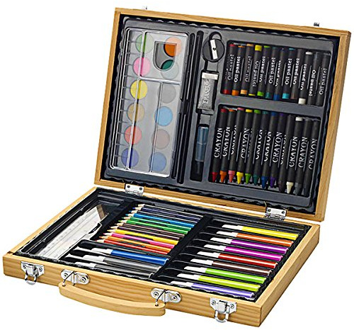 Set Colori di 67 Pezzi con Valigetta in Legno Matite Colorate Pastelli ad Olio e Cera Pennarelli Acquerelli Tavolozza Gomma Colla Temperamatite