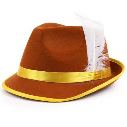Mens Oktoberfest Bavarian Hat Brown with Yellow Band & Feather Detail - Tyrolean Felt - Trilby - Fancy Dress Headwear - Pack Of 6