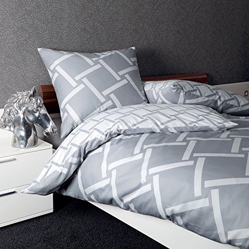 Janine Mako-Satin Bettwäsche J.D. 8480 aus 100% Baumwolle mit Längs-Quer-Streifen Design, Silber-Grau mit Wendeoptik, 155 x 220 cm