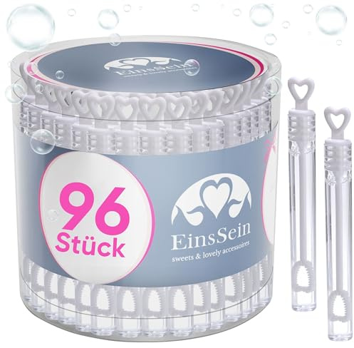 EinsSein 96x Wedding Bubbles White with Hollow Heart Handle | Mini Soap Bubble Bottles Pre-Filled 5ml | Party Favors for Wedding Guests Kids Birthday Baptism Table Decoration