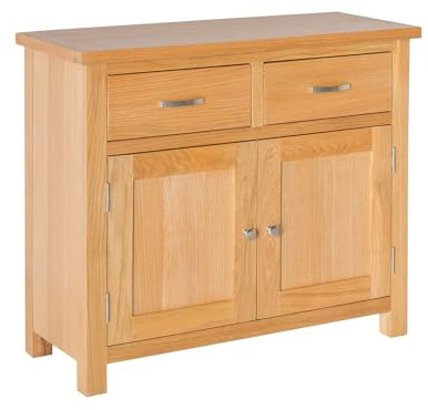 RoselandFurniture London Oak Small Sideboard Cabinet for Living Room | Fully Assembled, 2 Door 2 Drawer Buffet Cupboard for Hallway, Lacquered Solid Wood Finish, Contemporary Style