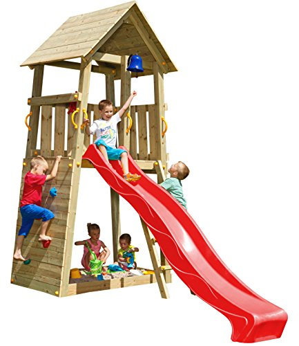 Blue Rabbit 2.0 Spielturm Belvedere mit Rutsche Kletterturm mit Kletterwand Glocke Sandkasten Lenkrad und Holzdach (Rutschenlänge 2,30 m, Rot)