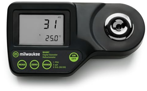 Milwaukee Refractómetro digital de salinidad MA887 con compensación automática de temperatura, LED amarillo, 0 a 50 PSU, precisión +/-2 PSU, resolución 1 PSU