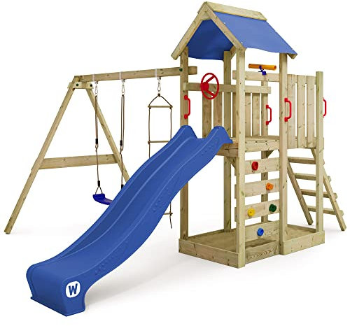 WICKEY Spielturm Klettergerüst MultiFlyer mit Schaukel & Blauer Rutsche, Outdoor Kinder Kletterturm mit Sandkasten, Leiter & Spiel-Zubehör für den Garten