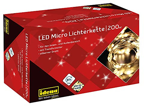 Idena 31857 - Micro catena luminosa a LED con 200 LED in bianco caldo, funzione timer 8 ore, spina e trasformatore, per feste, Natale, decorazione, matrimonio, come luce d'atmosfera
