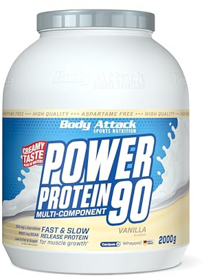 Body Attack POWER PROTEIN 90 - Vanille - 2kg Dose - Mehrkomponenten Protein Pulver, Made in Germany - Mit BCAA, Vitaminen & L-Carnitin - Protein Shake extra cremiger Geschmack, gute Löslichkeit | Mehrkomponenten Protein Pulver, Made in Germany, mit BCAA, Vitaminen & L-Carnitin, Protein Shake extra cremig