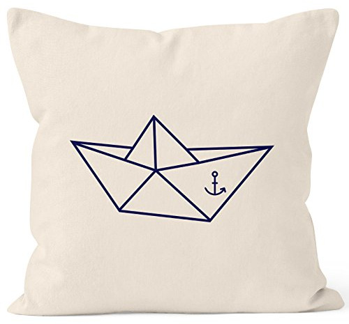 MoonWorks Kissenbezug Origami Schiffchen Schiff Anker Seemann Kissen-Hülle 40x40 Baumwolle Natur 40cm x 40cm