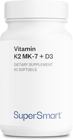 Vitamine K2 - MK-7 + Vitamin D3 (Menaquinone 7) - Augmente jusqu’à 8 fois les taux de Vitamine K - Contribue à la Santé Osseuse - Contribue à la Santé du Coeur - Végétarien - Sans Gluten - Supersmart