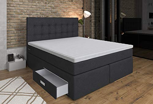 Tesla Dreams Boxspringbett 180x200 Ankona - Schublade,7 Zonen-Taschenfederkern-Matratzen,H2/H3, Topper Komfort, Anthrazit
