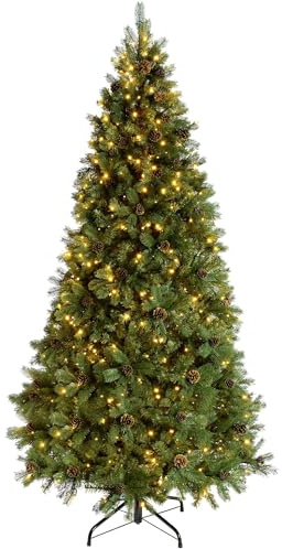 WeRChristmas Pre-Lit Craford Christmas Tree with Pinecones & 500 Chasing Warm LED Lights, 7 feet/2.1m