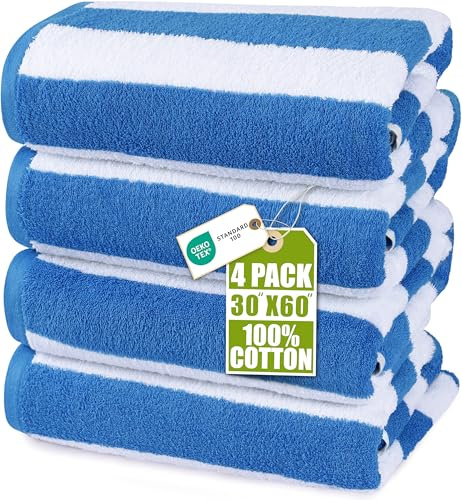 Utopia Towels Cabana Stripe Beach Towels (76 x 152 cm) - 100% Ring Spun Cotton Large Pool Towels, Soft and Quick Dry Swim Towels (Pack of 4) (Blue)
