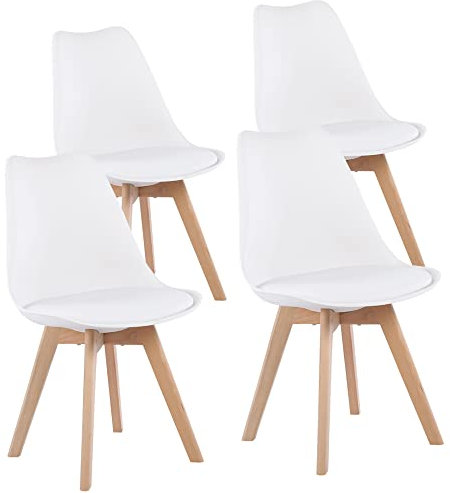 EGGREE Set von 4 Mittagessen Bürostuhl mit Beinen aus massiver Buche, Stühle ohne Arme gepolstert Design Weiß