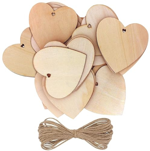 Kurtzy 25-er Pack Holzherzen mit 10m Jute Schnur - 10x10cm Streudeko Set Holz Herzen Unbehandelt mit Loch zum Beschriften - Holzherz Deko für Hochzeit, Party, Jubiläum, Geschenkanhänger, zum Basteln
