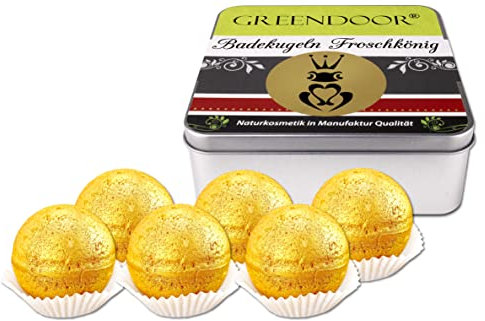 GREENDOOR Badepralinen Geschenkset Froschkönig 480g, 6 natürliche goldene Badekugeln, pflegende Bio Kakaobutter, Badezusatz Natur, Badebomben Set, Naturkosmetik zum Verschenken, Baden, Geschenke