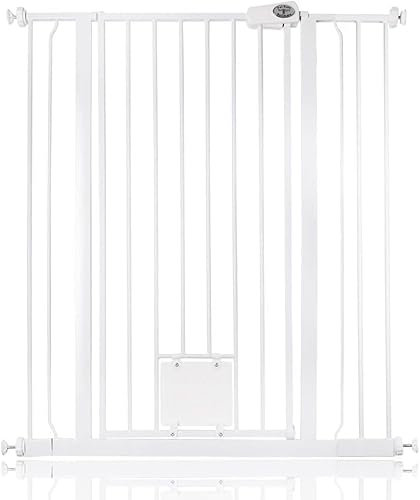 Bettacare Haustiergitter mit Verriegelbarer Katzenklappe, 94.3cm - 101.9cm, Weiß, 104cm in der Höhe, Extra Hohes Haustier Sicherheitsgitter mit Katzenklappe, Einfache Installation