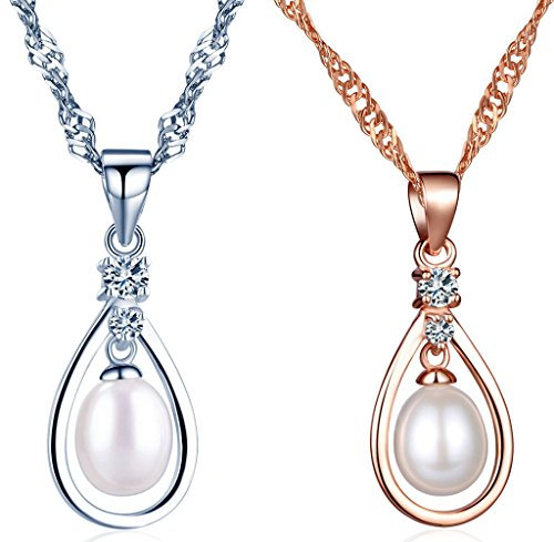 Yumilok 925 Sterling Silber Perle Zikonia Tränen Tropfen Anhänger Halsketten Ketten mit Anhänger für Damen Mädchen, 2 Stücke(Roségold und Silber)