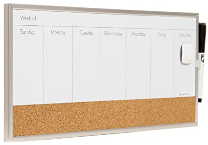 U Brands magnético borrado en seco/de corcho calendario semanal, 18 x 7,5 pulgadas, marco aluminio plateado