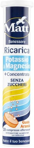 Matt, Ricarica Potassio & Magnesio, Integratore Alimentare di Potassio e Magnesio, Contribuisce alla Riduzione della Stanchezza e Affaticamento, Confezione da 20 Compresse Gusto Arancia, 90 g