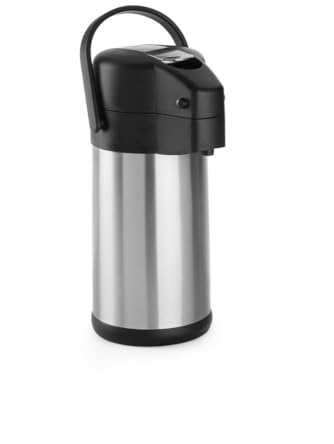 HENDI Pumpbehållare, Isolerad Behållare, Med Pumpsystem, 360° Vridbar Golv, Dubbelvägg, Kaffekanna, Termoskanna, 3 L, Rostfritt Stål 18/10, Polypropylen, Ø171 X (H) 373 Mm, Silver