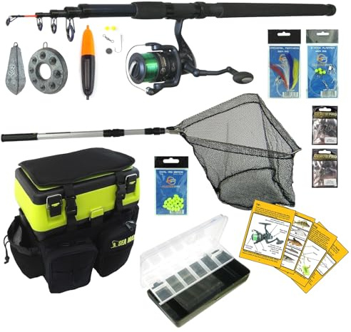 SEA MAX Complete Sea Fishing Kit: 10 ft Telescopic Surf Rod and HP60S Reel with Seat Box Rucksack and Full Tackle Set