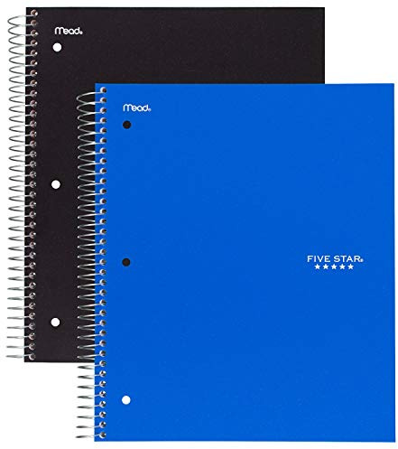 Five Star Spiral Notebooks, 5 Subject, Wide Ruled Paper, 200 Sheets, 10-1/2 x 8, Black, Blue, 2 Pack (73037)